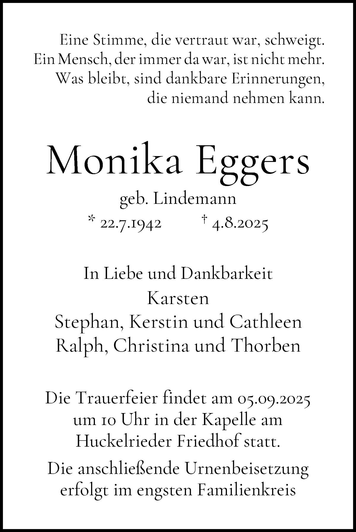 Traueranzeige von Monika Eggers von WESER-KURIER