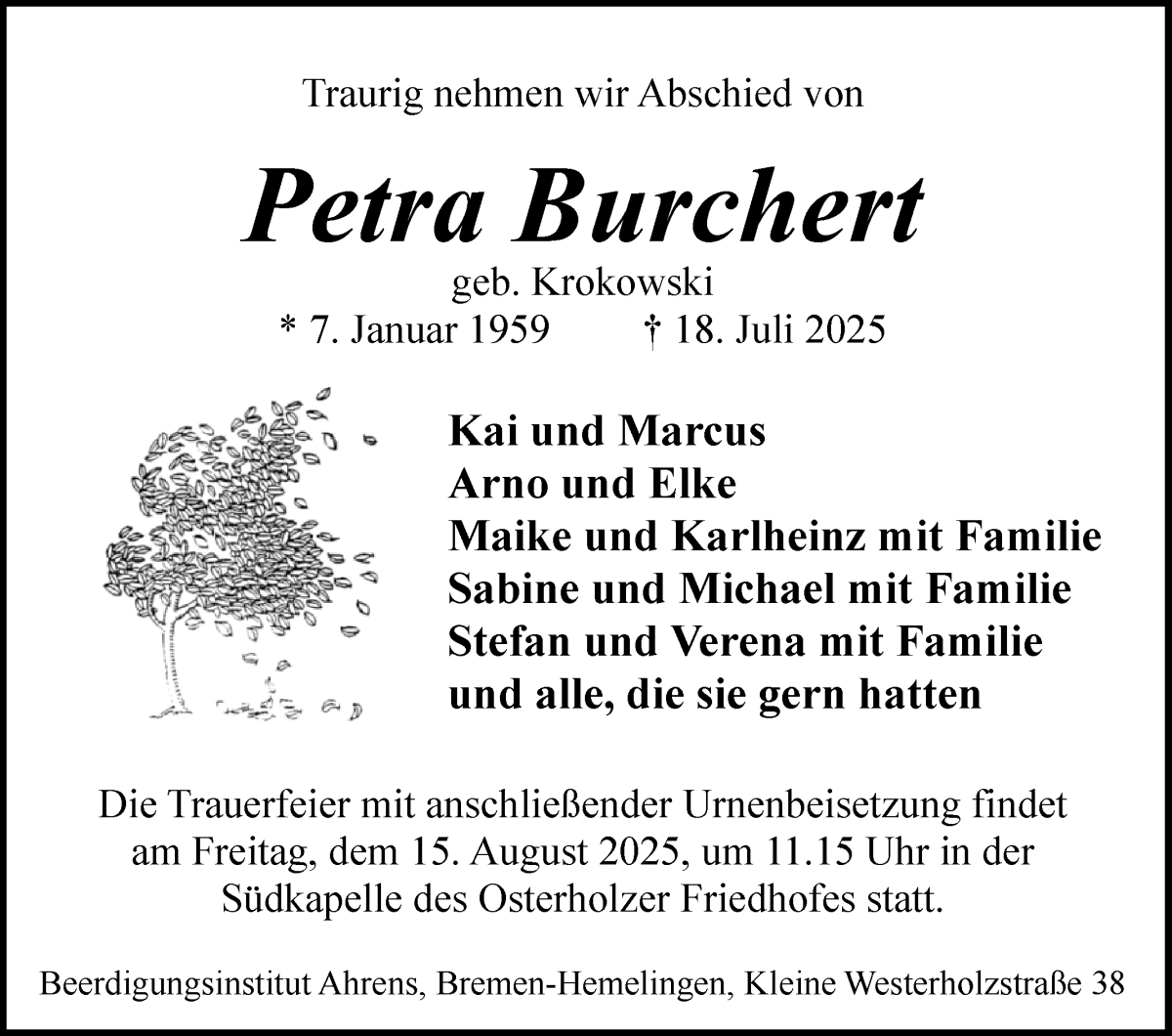 Traueranzeige von Petra Burchert von WESER-KURIER