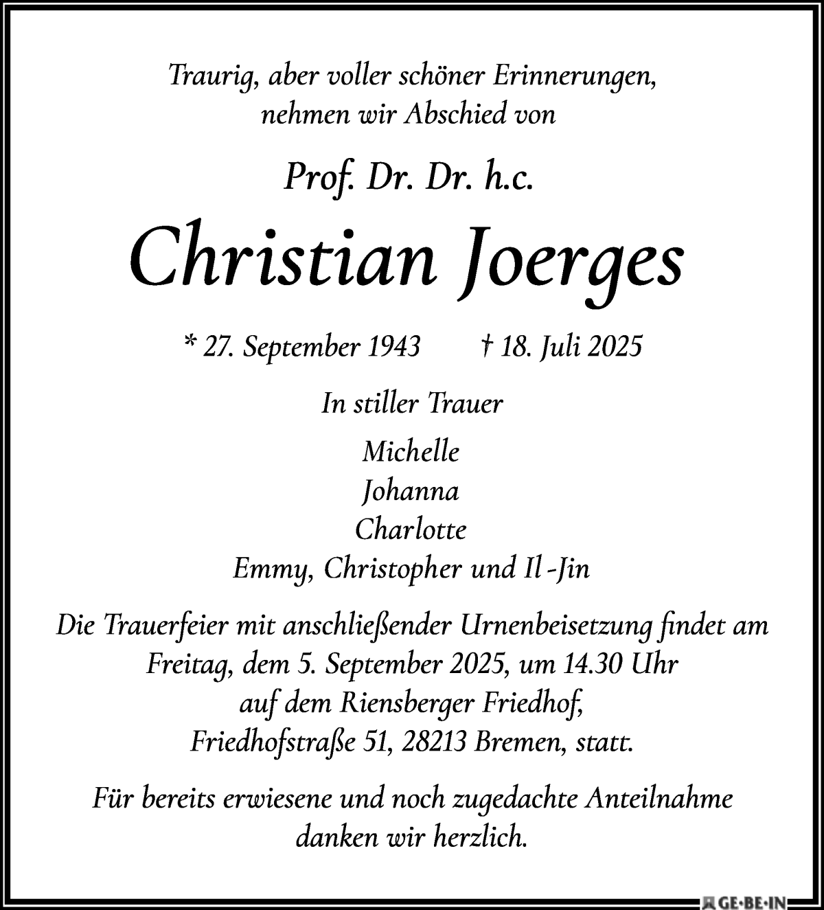 Traueranzeige von Prof. Dr. Dr. h.c. Christian Joerges von WESER-KURIER