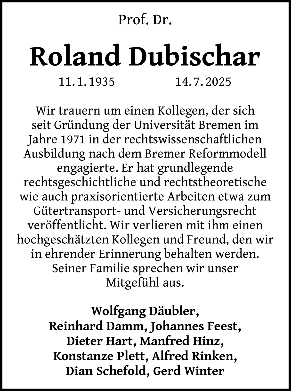 Traueranzeige von Prof. Dr. Roland Dubischar von WESER-KURIER