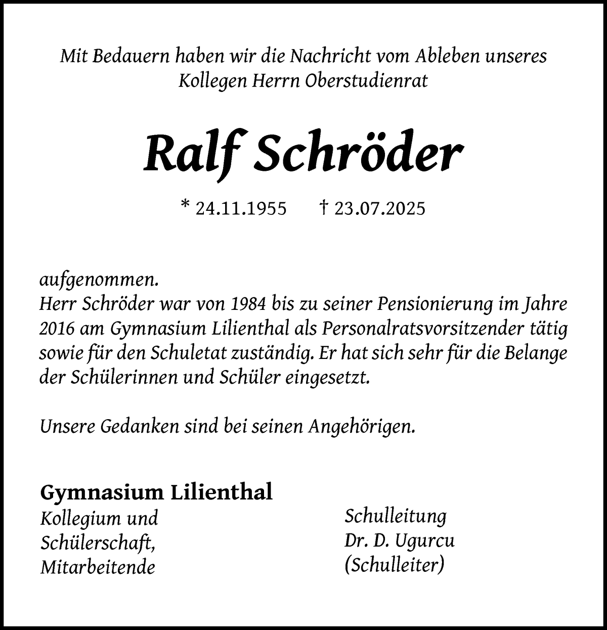 Traueranzeige von Ralf Schröder von Wuemme Zeitung