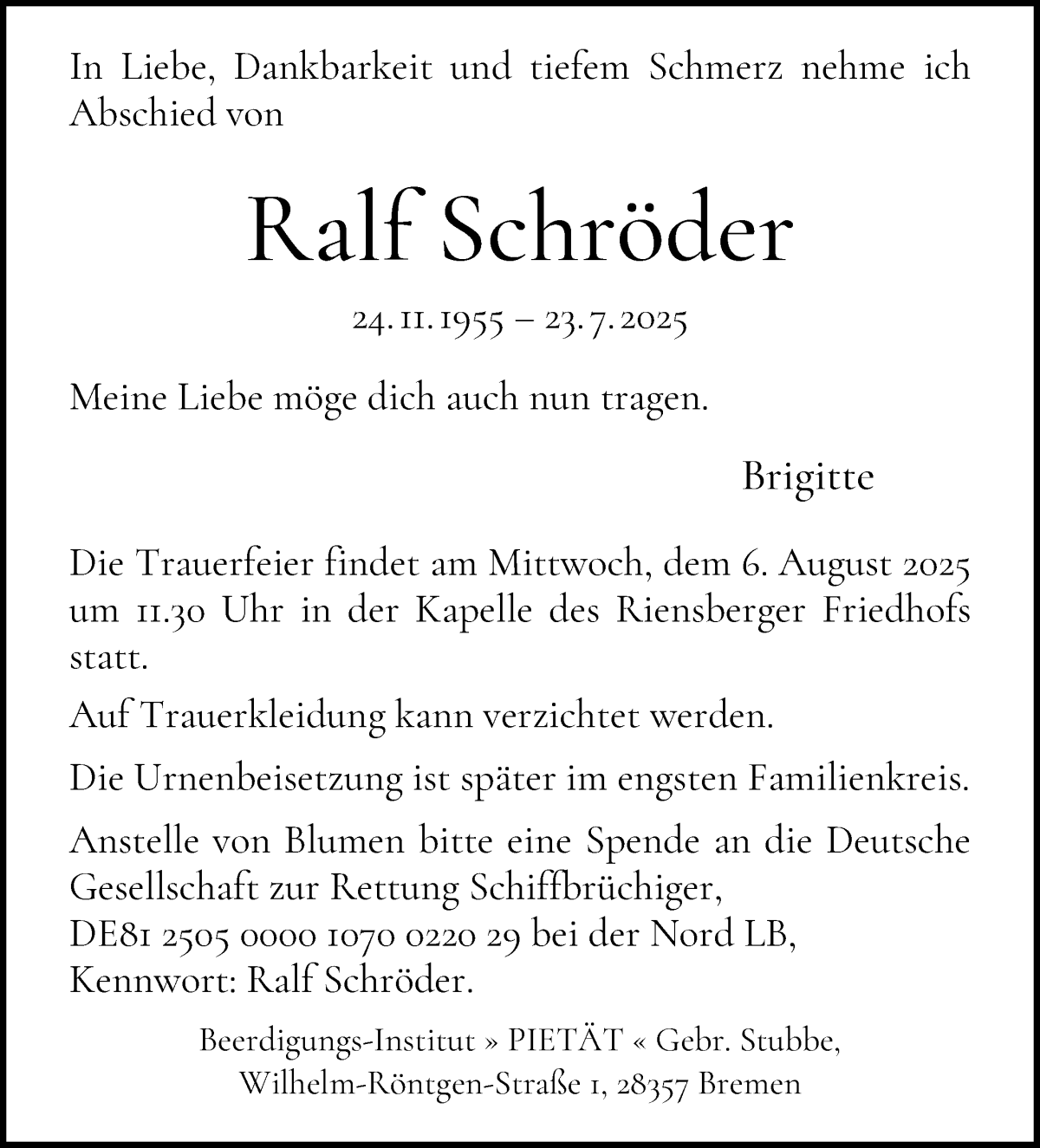 Traueranzeige von Ralf Schröder von Wuemme Zeitung