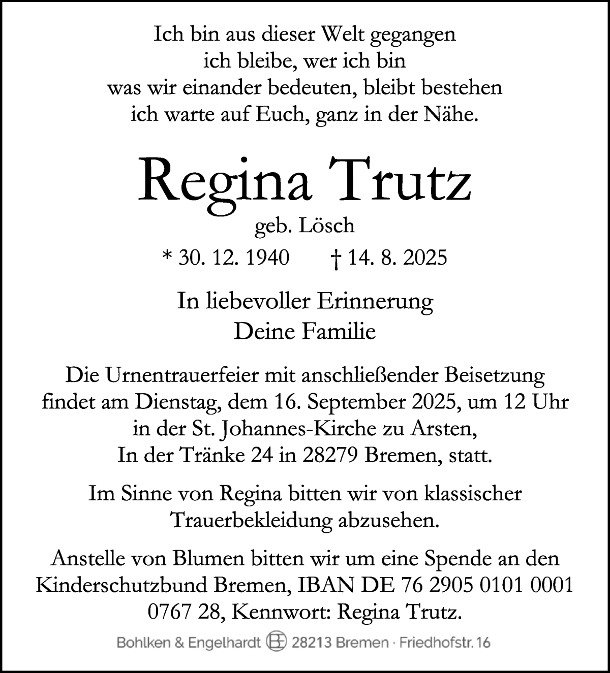 Traueranzeige von Regina Trutz von WESER-KURIER
