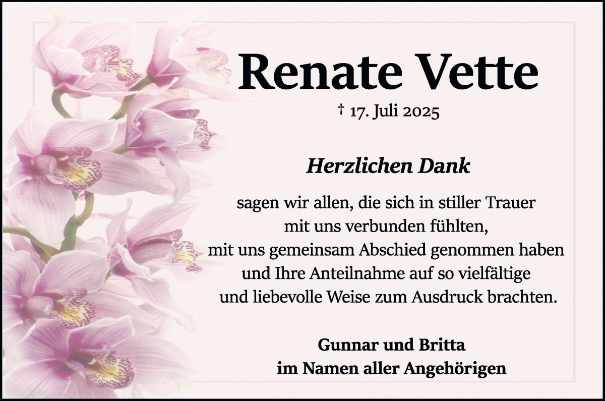 Traueranzeige von Renate Vette von Die Norddeutsche