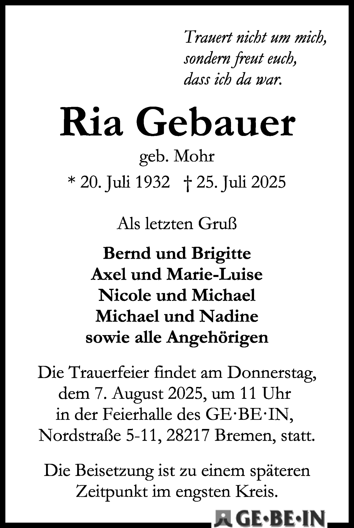 Traueranzeige von Ria Gebauer von WESER-KURIER
