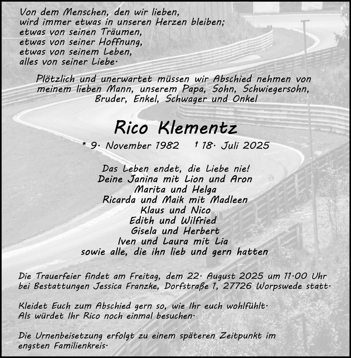  Traueranzeige für Rico Klementz vom 09.08.2025 aus Wuemme Zeitung