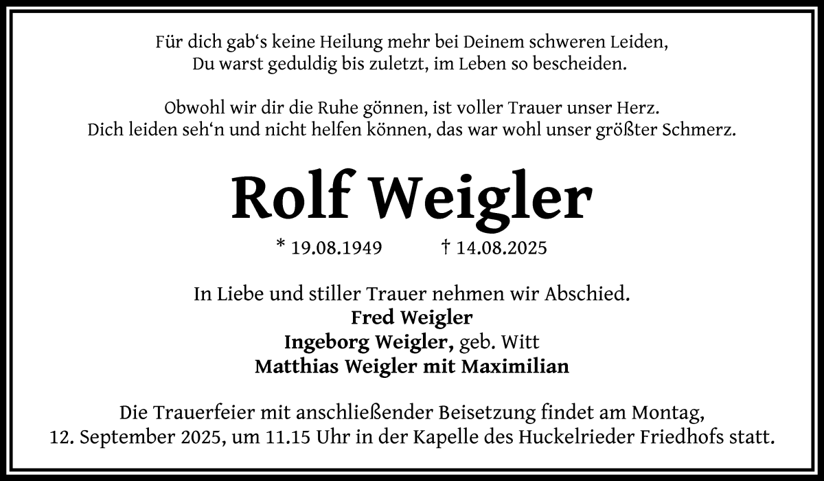 Traueranzeige von Rolf Weigler von WESER-KURIER