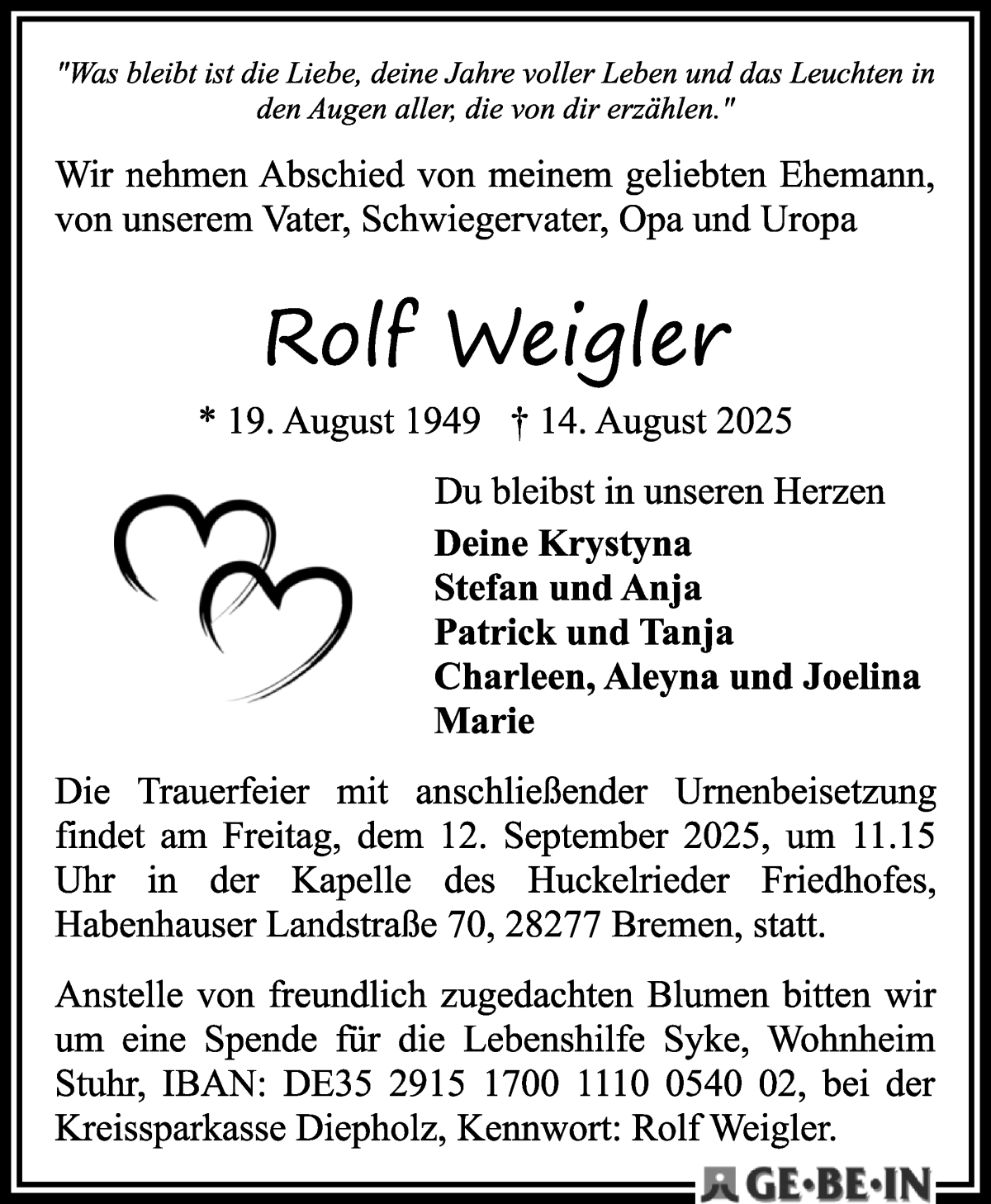 Traueranzeige von Rolf Weigler von WESER-KURIER