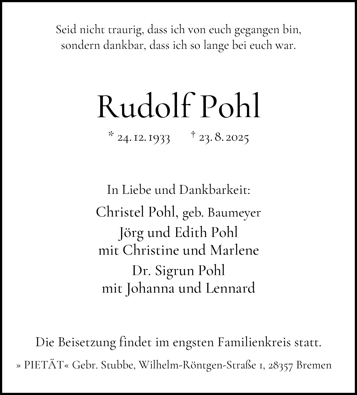 Traueranzeige von Rudolf Pohl von WESER-KURIER