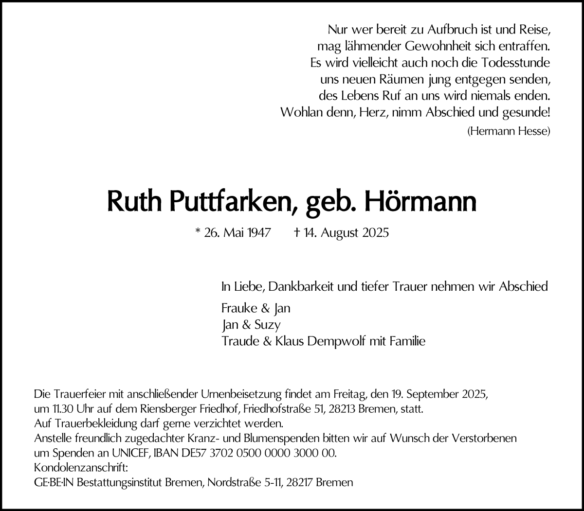 Traueranzeige von Ruth Puttfarken von WESER-KURIER