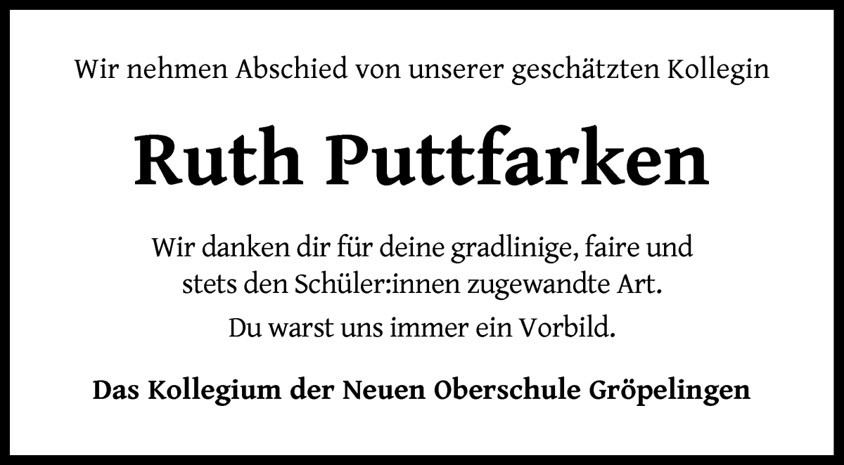 Traueranzeige von Ruth Puttfarken von WESER-KURIER