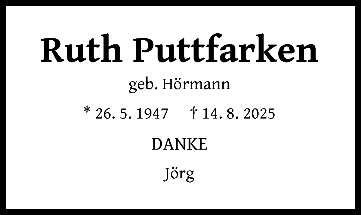 Traueranzeige von Ruth Puttfarken von WESER-KURIER