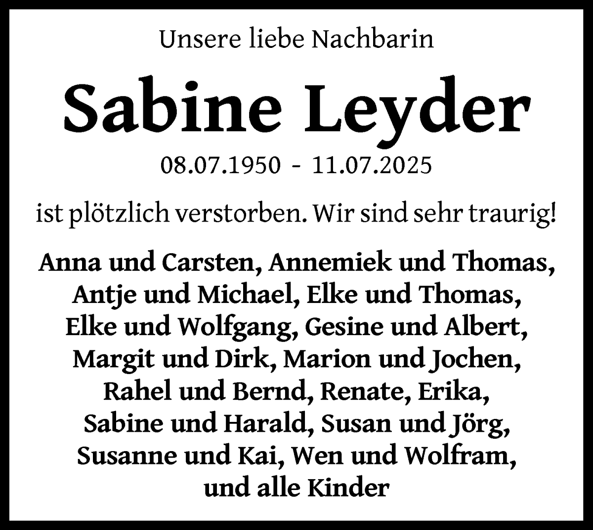 Traueranzeige von Sabine Leyder von WESER-KURIER