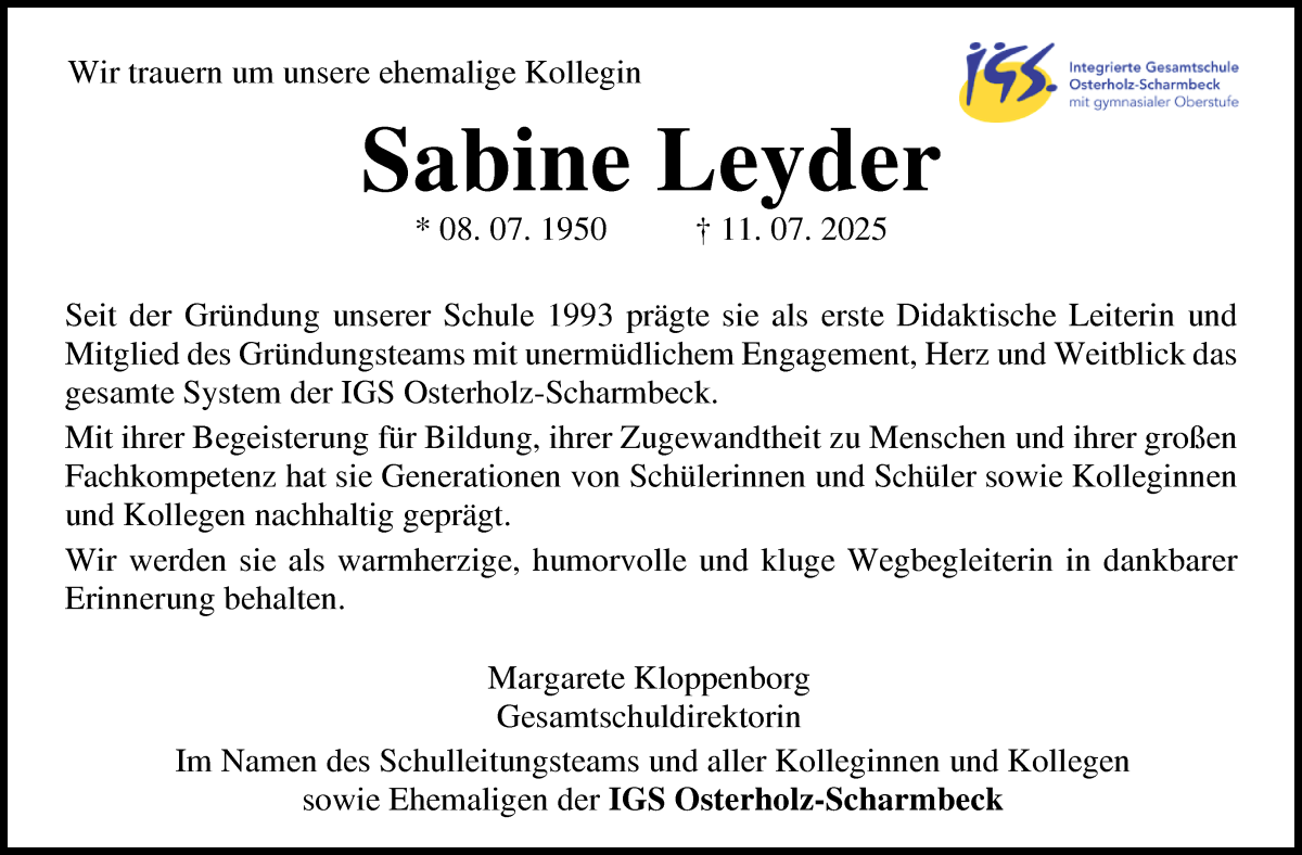Traueranzeige von Sabine Leyder von Osterholzer Kreisblatt