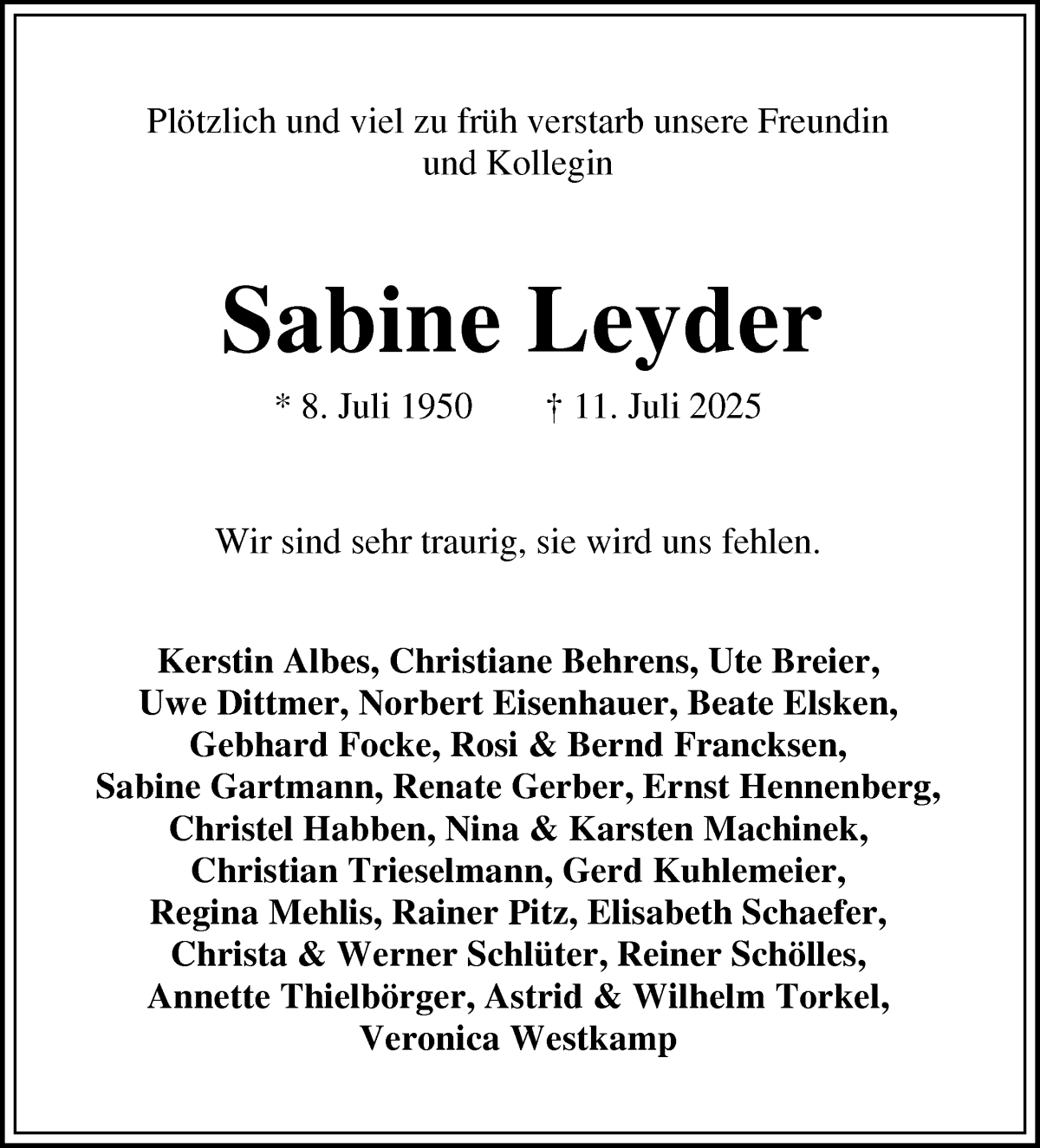 Traueranzeige von Sabine Leyder von Osterholzer Kreisblatt