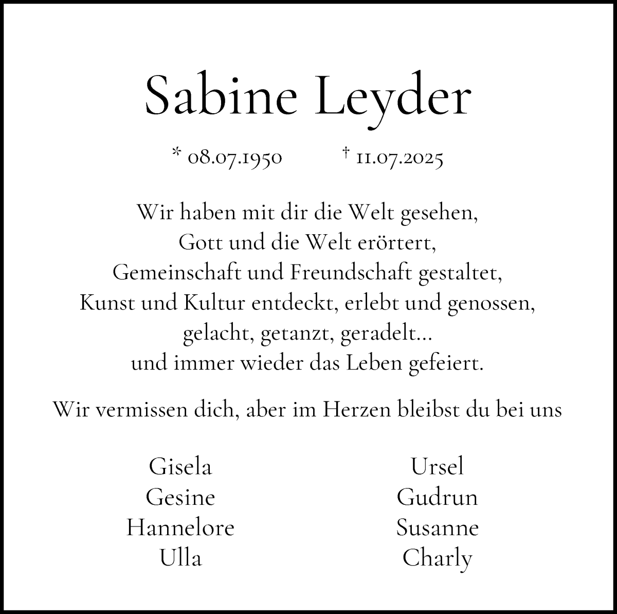 Traueranzeige von Sabine Leyder von WESER-KURIER