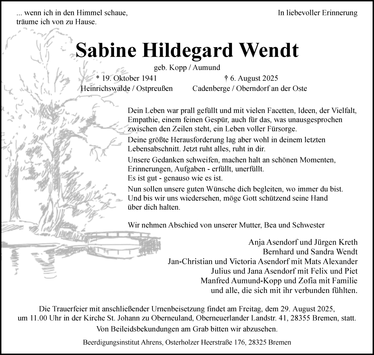 Traueranzeige von Sabine Hildegard Wendt von WESER-KURIER