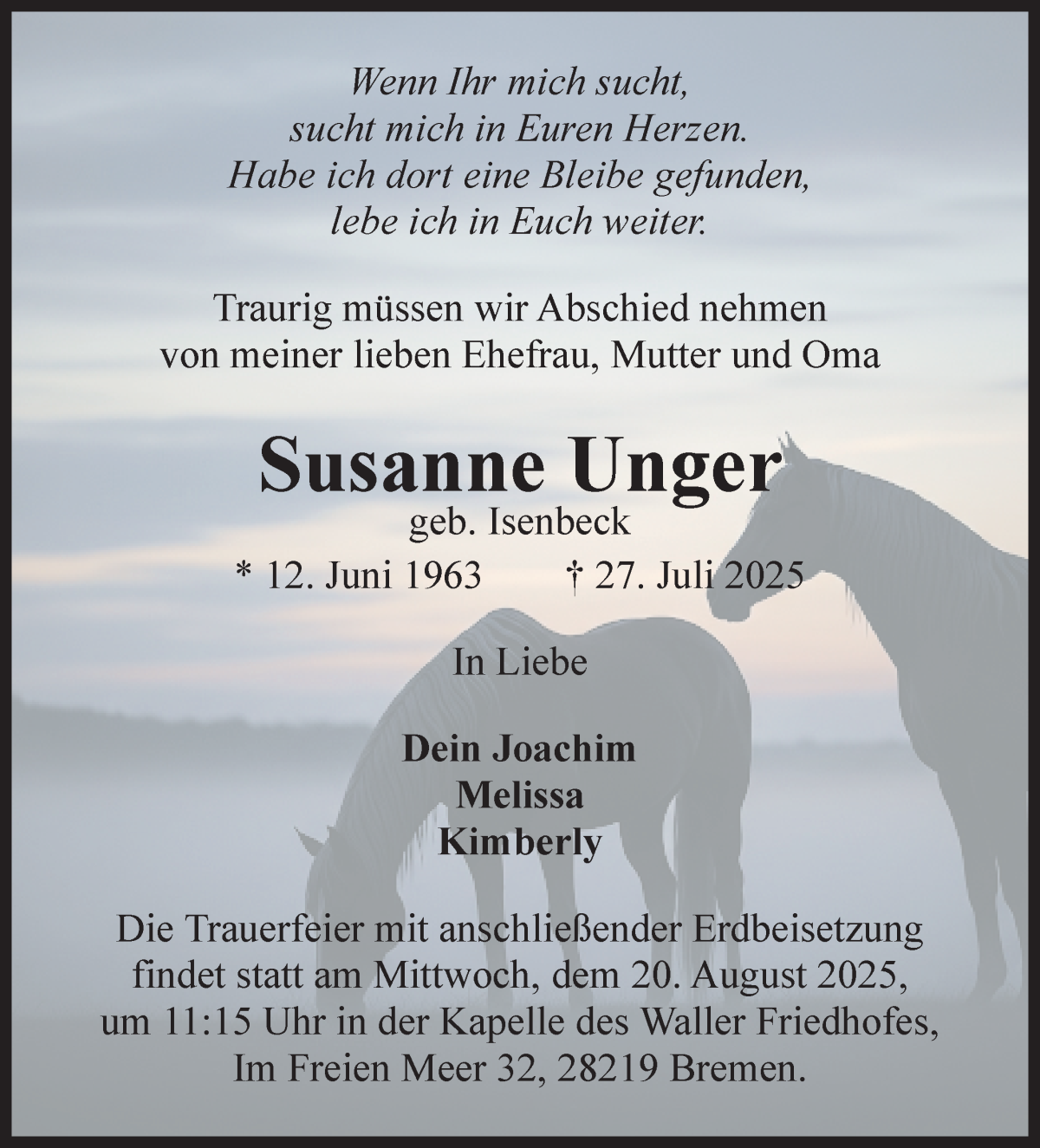 Traueranzeige von Susanne Unger von WESER-KURIER