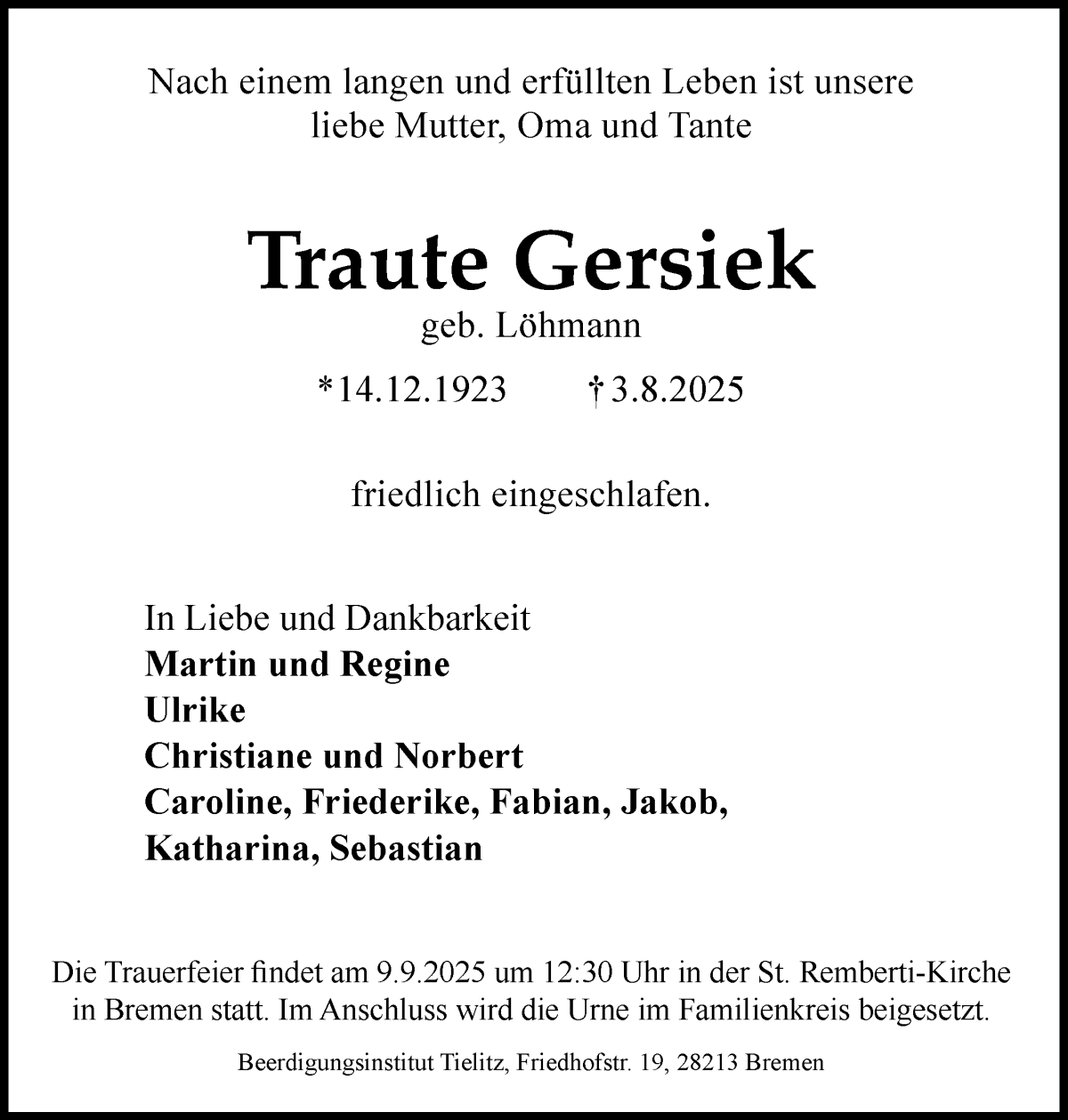 Traueranzeige von Traute Gersiek von WESER-KURIER