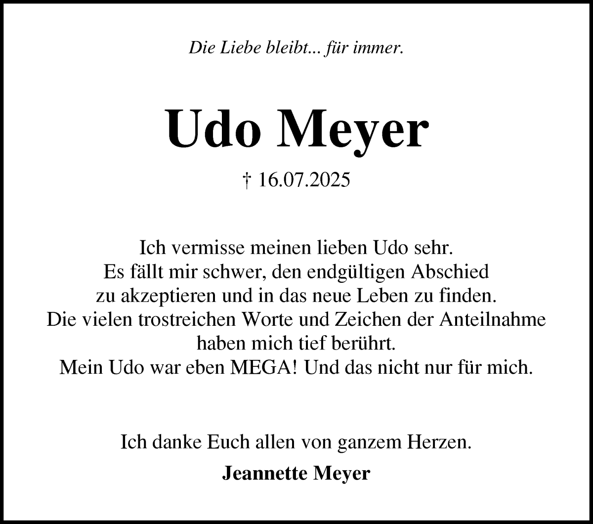 Traueranzeige von Udo Meyer von Die Norddeutsche