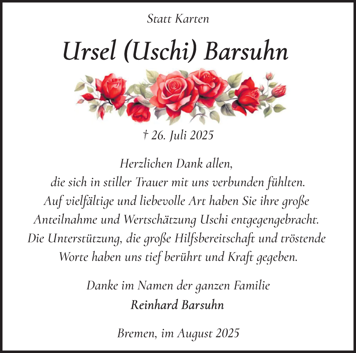Traueranzeige von Ursel Barsuhn von WESER-KURIER