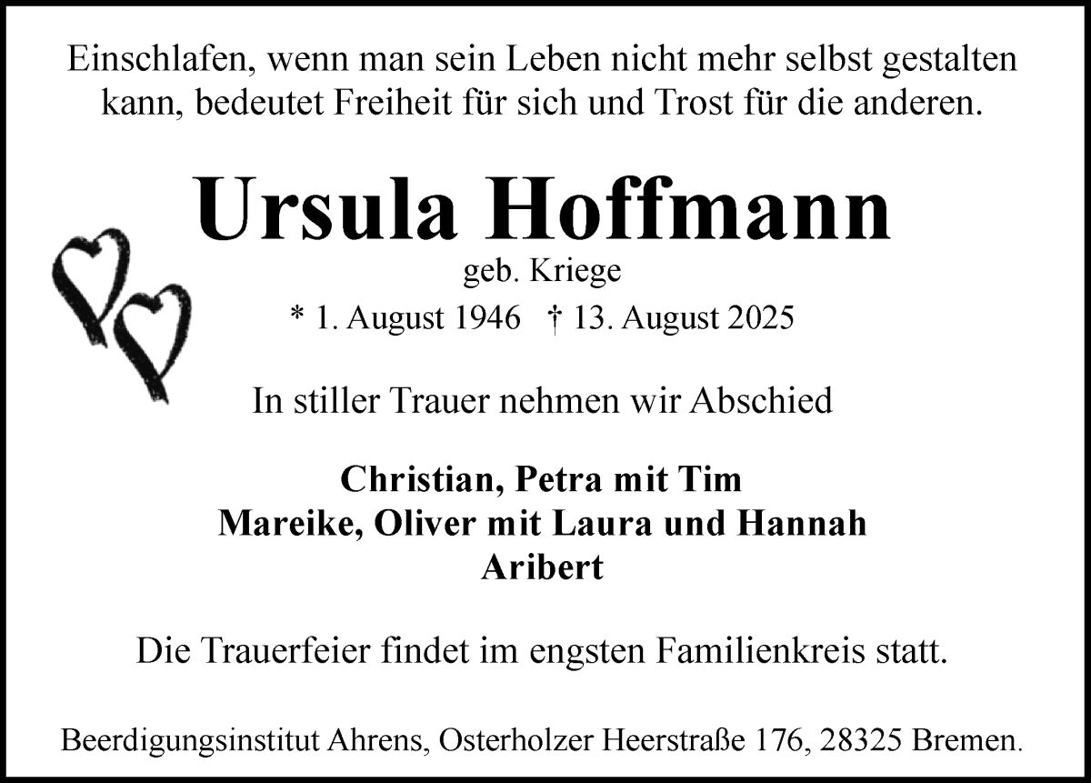 Traueranzeige von Ursula Hoffmann von WESER-KURIER