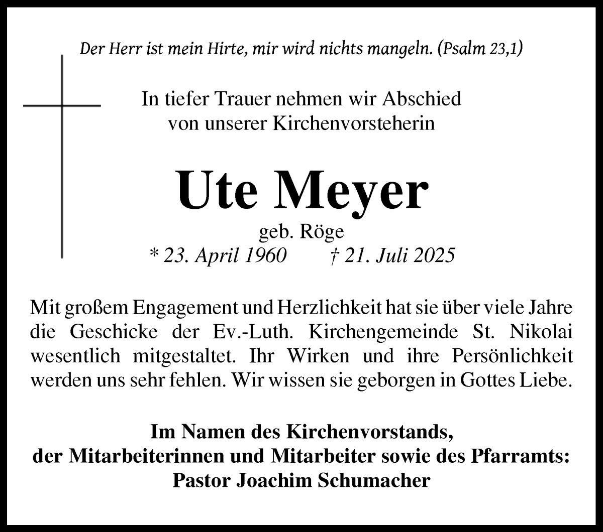 Traueranzeige von Ute Meyer von WESER-KURIER