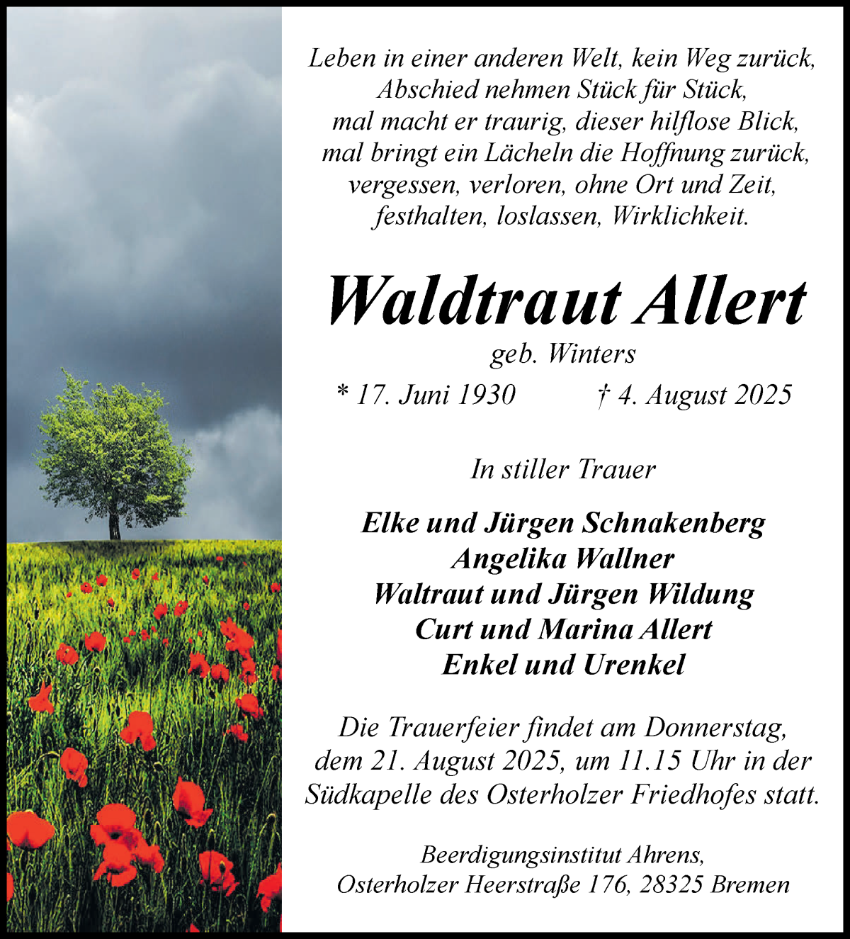 Traueranzeige von Waldtraut Allert von WESER-KURIER