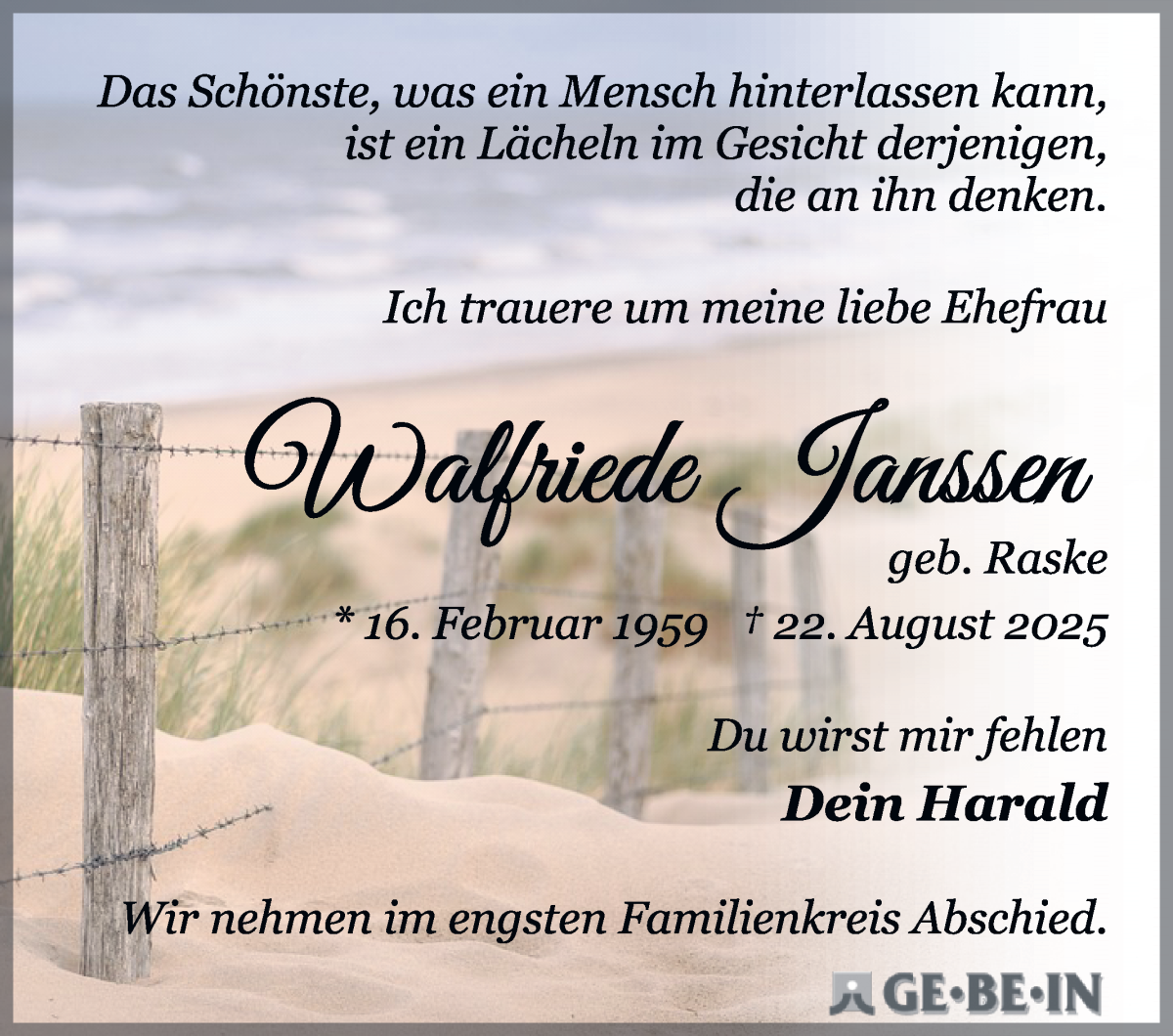 Traueranzeige von Walfriede Janssen von Die Norddeutsche