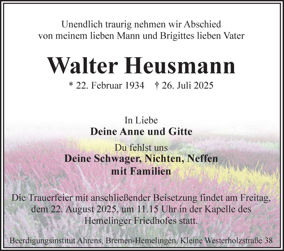 Traueranzeige von Walter Heusmann von WESER-KURIER