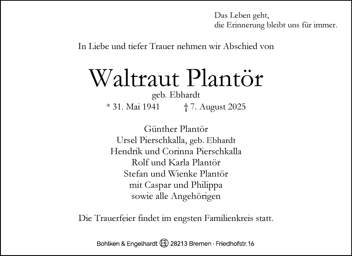 Traueranzeige von Waltraut Plantör von WESER-KURIER