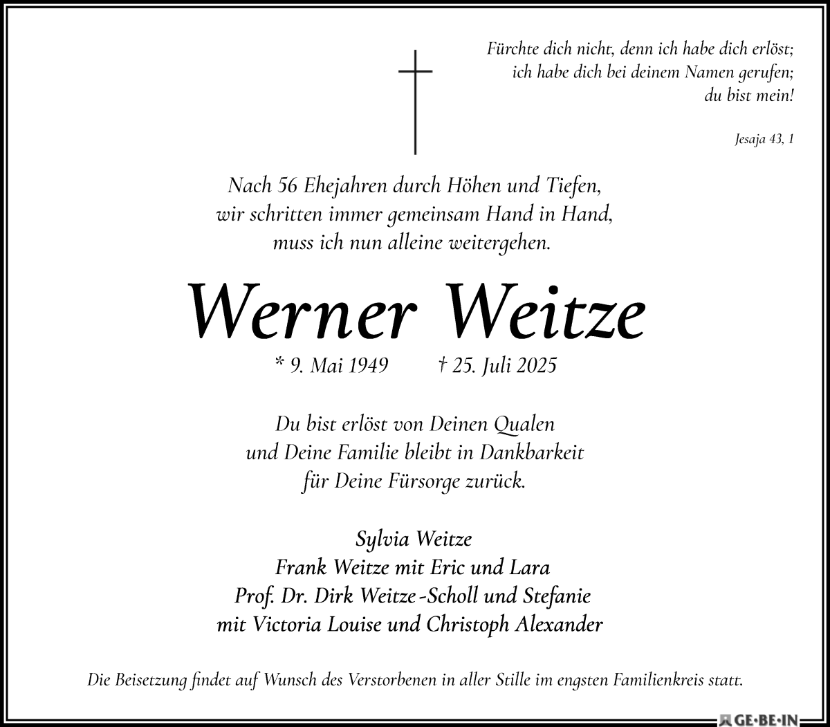 Traueranzeige von Werner Weitze von WESER-KURIER