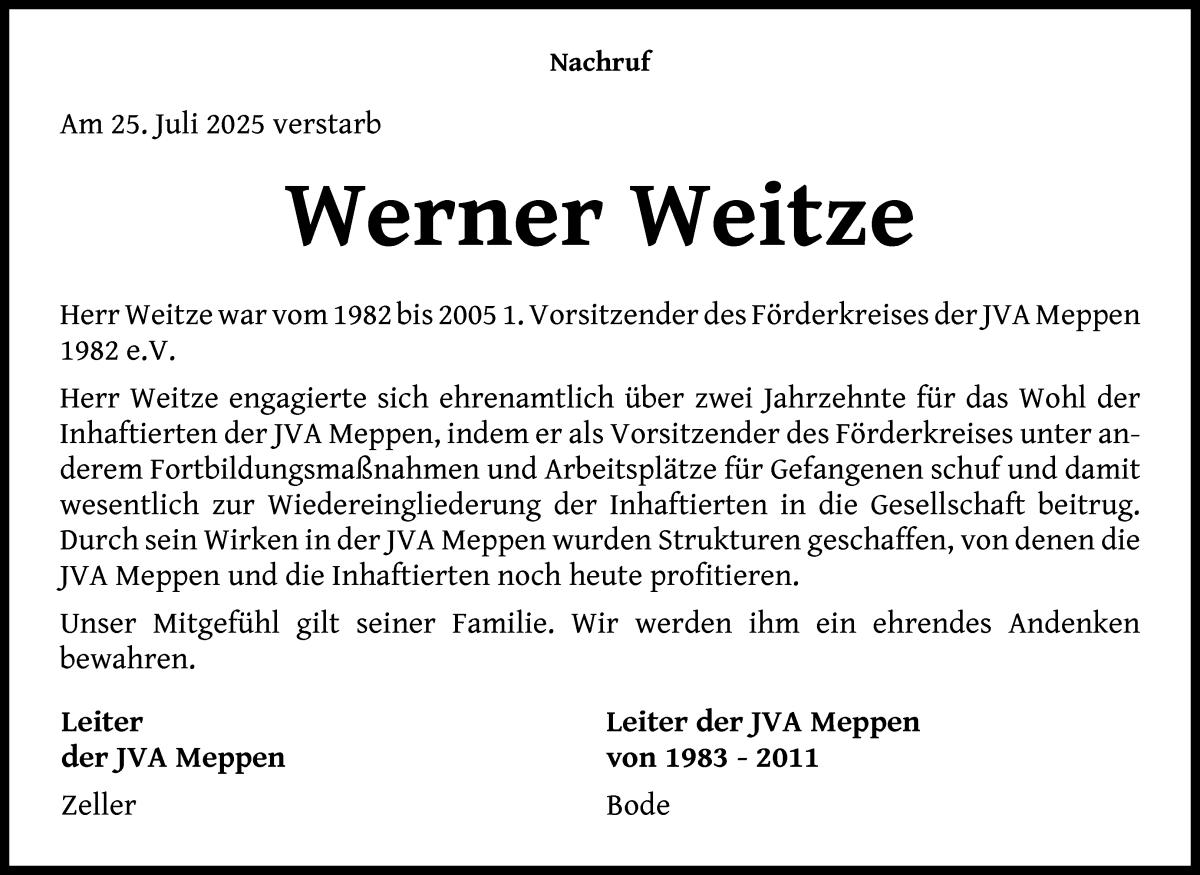 Traueranzeige von Werner Weitze von WESER-KURIER