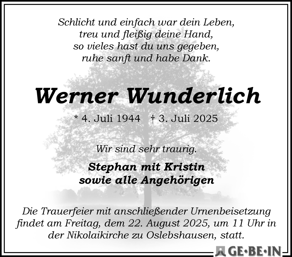 Traueranzeige von Werner Wunderlich von WESER-KURIER