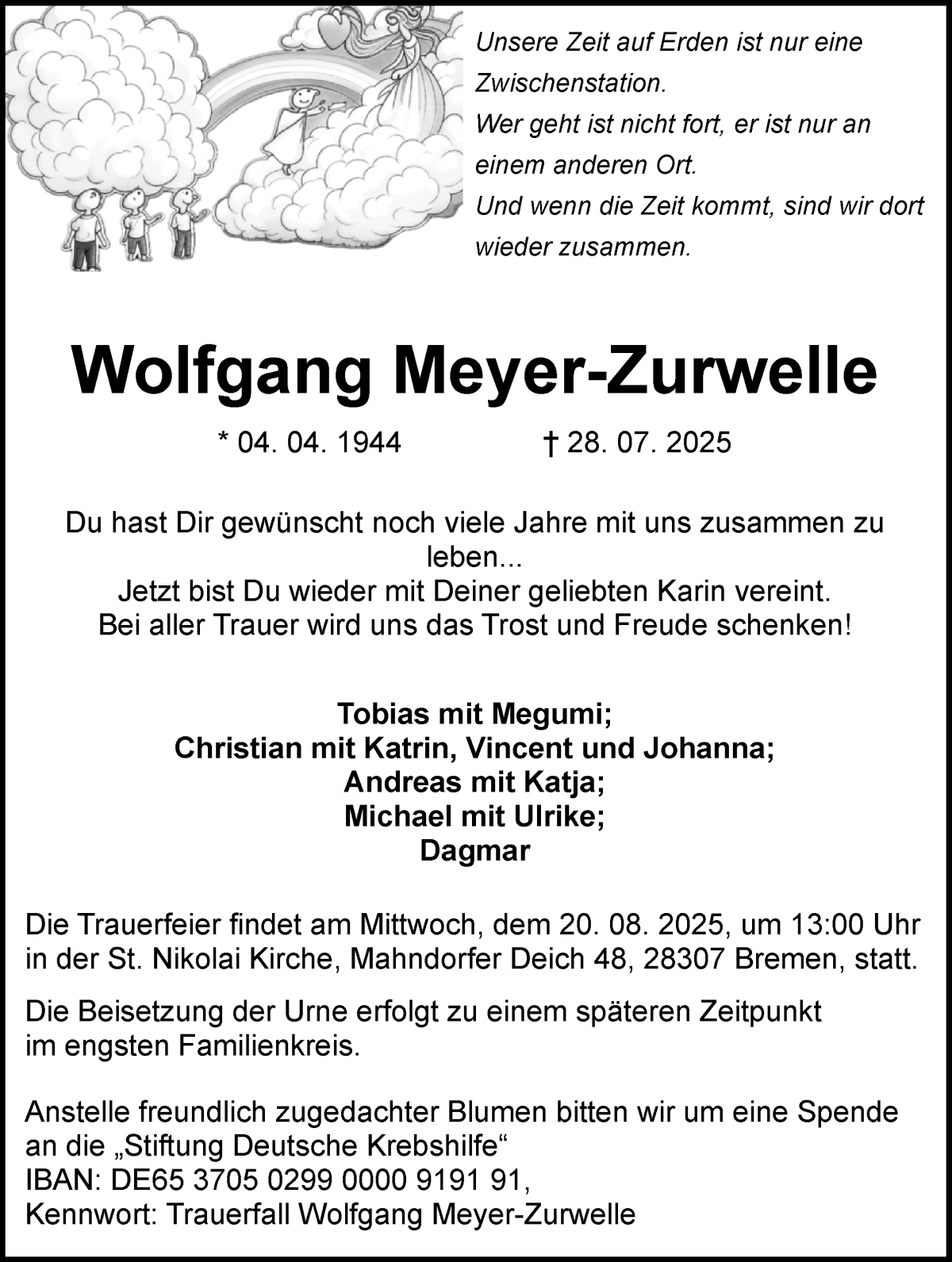 Traueranzeige von Wolfgang Meyer-Zurwelle von WESER-KURIER