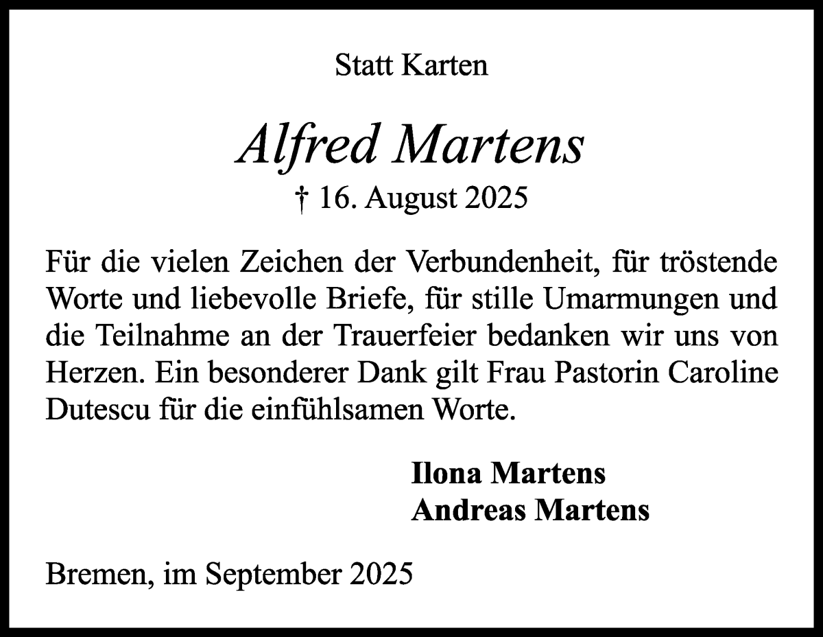 Traueranzeige von Alfred Martens von WESER-KURIER