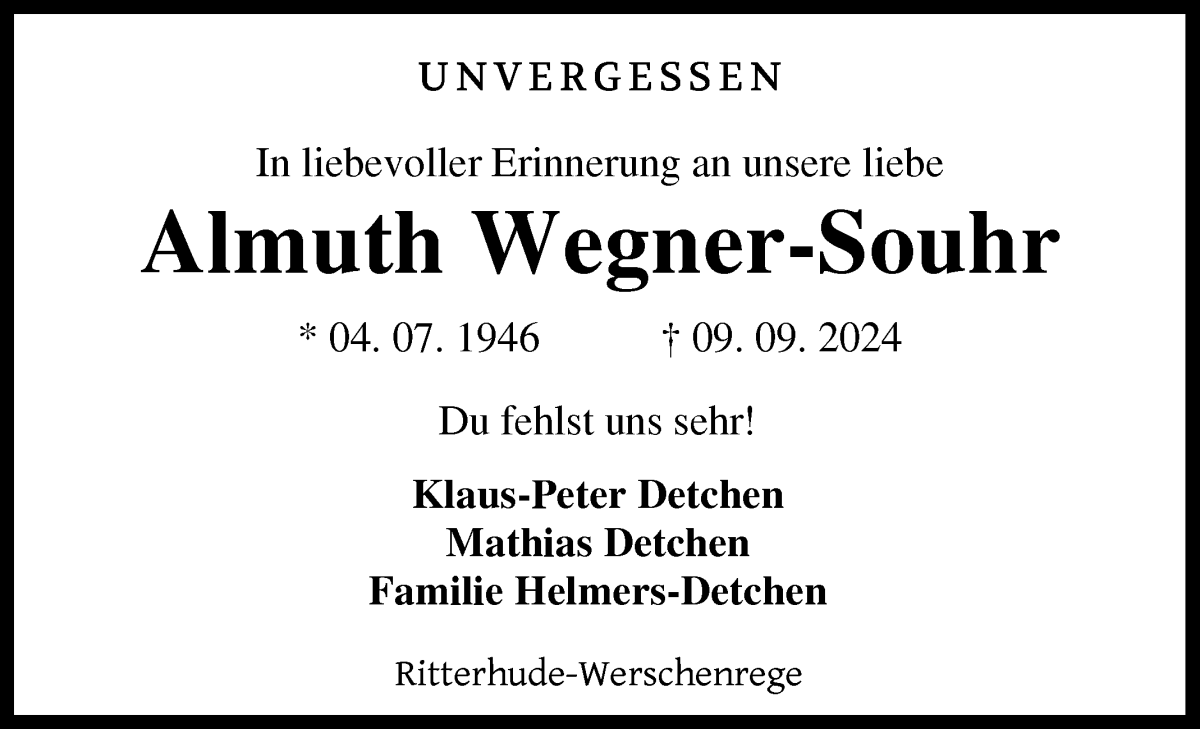 Traueranzeige von Almuth Wegner-Souhr von Die Norddeutsche
