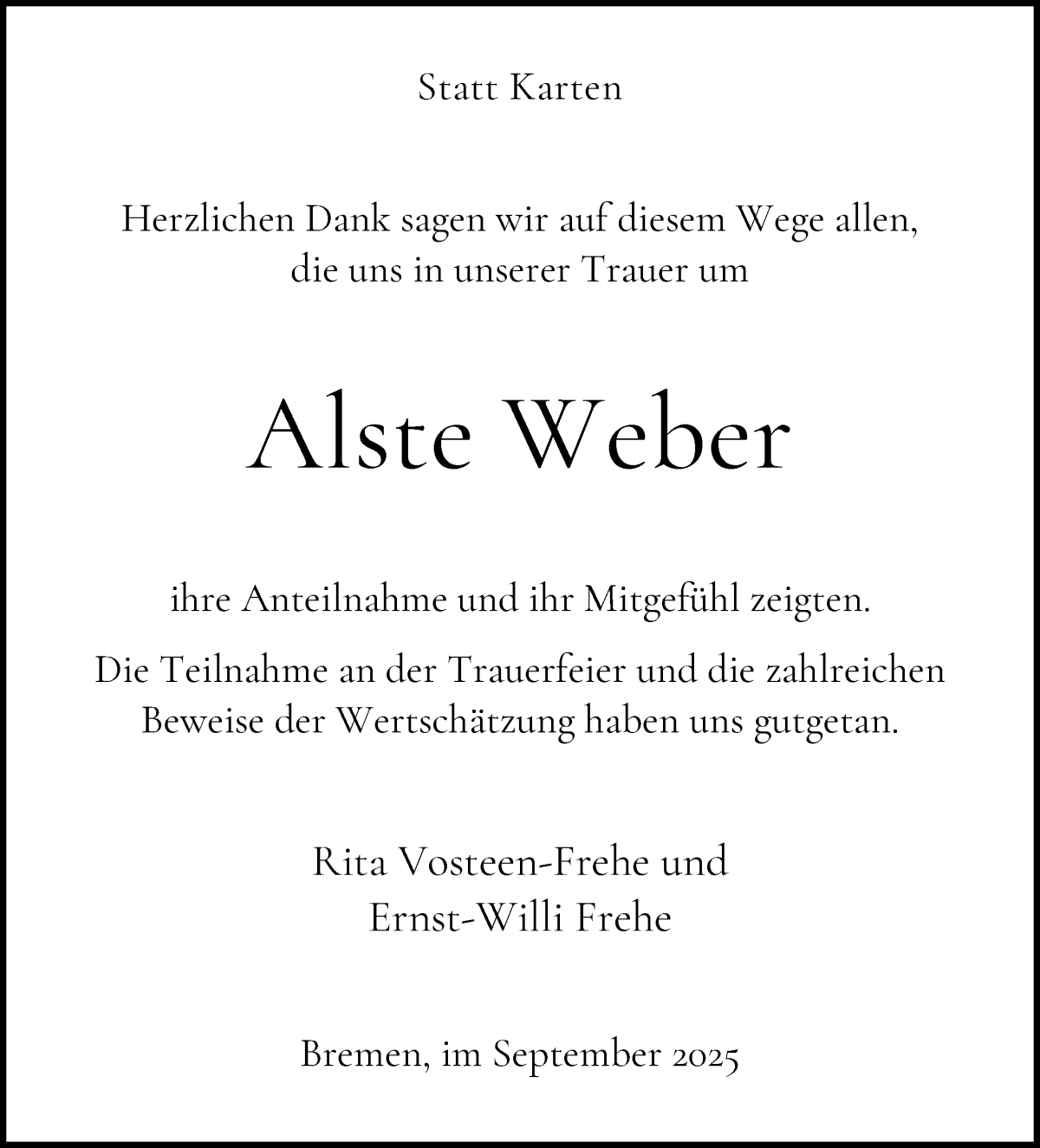 Traueranzeige von Alste Weber von WESER-KURIER