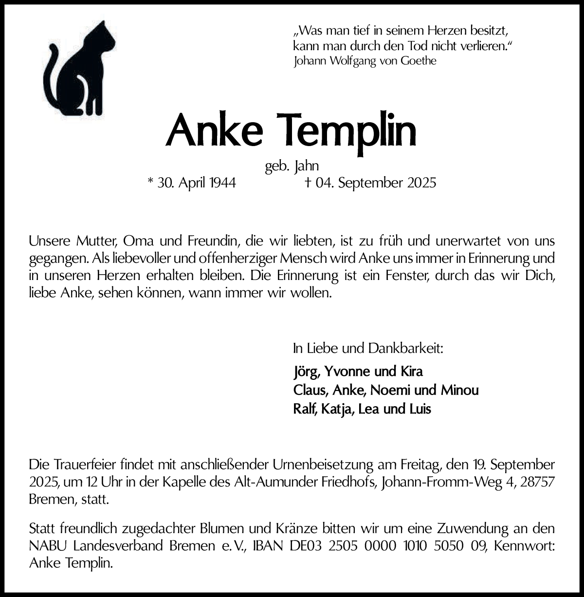  Traueranzeige für Anke Templin vom 13.09.2025 aus Die Norddeutsche