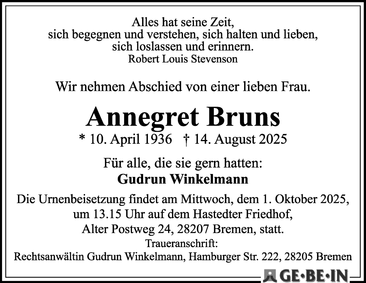Traueranzeige von Annegret Bruns von WESER-KURIER