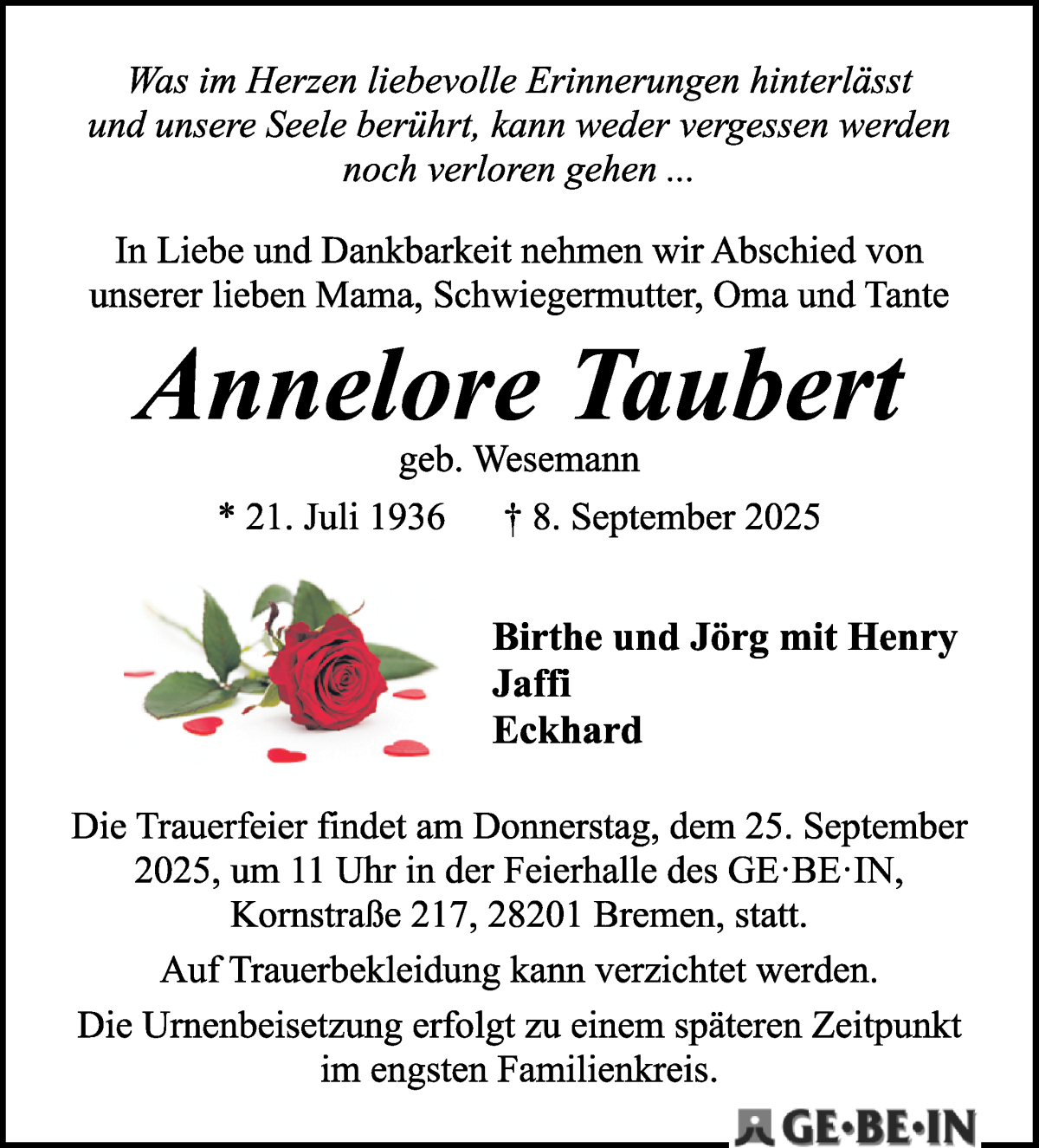 Traueranzeige von Annelore Taubert von WESER-KURIER