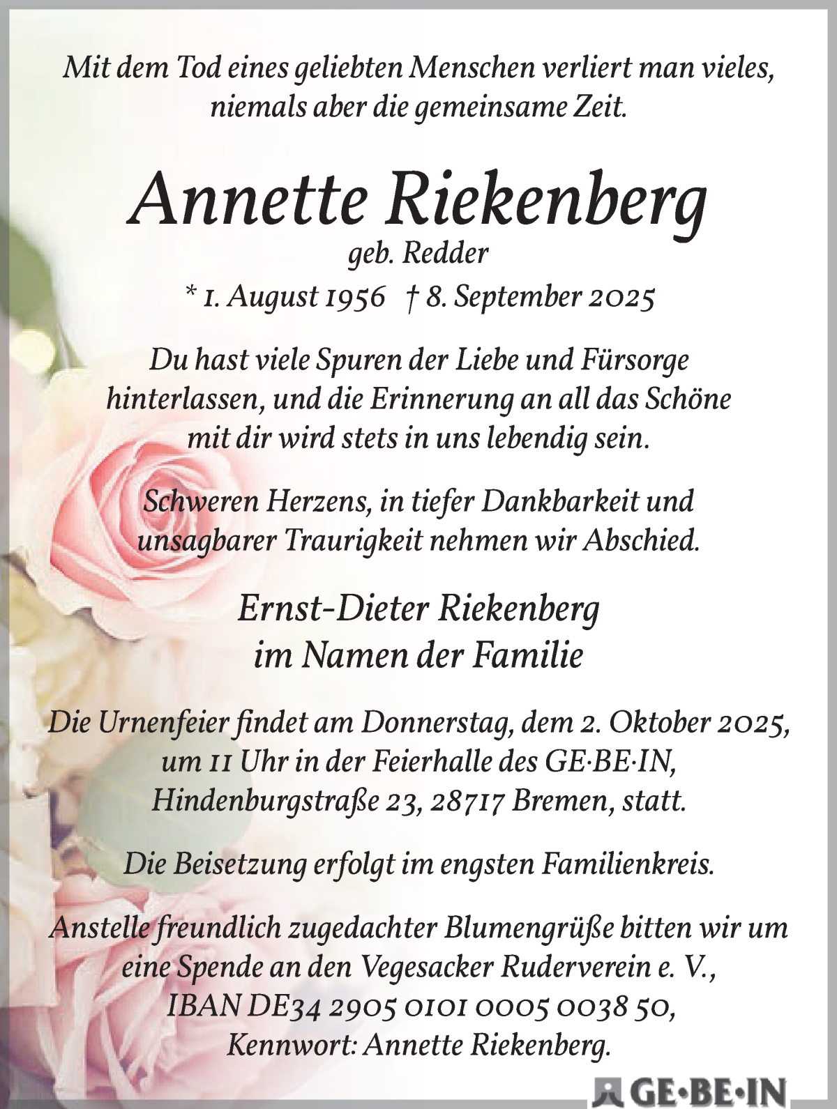 Traueranzeige von Annette Riekenberg von Die Norddeutsche