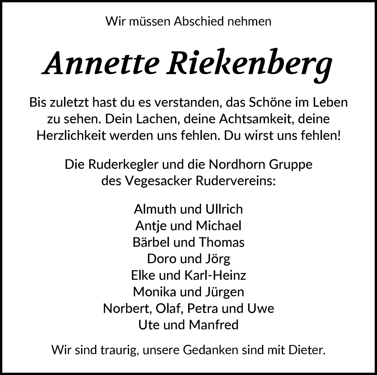 Traueranzeige von Annette Riekenberg von Die Norddeutsche