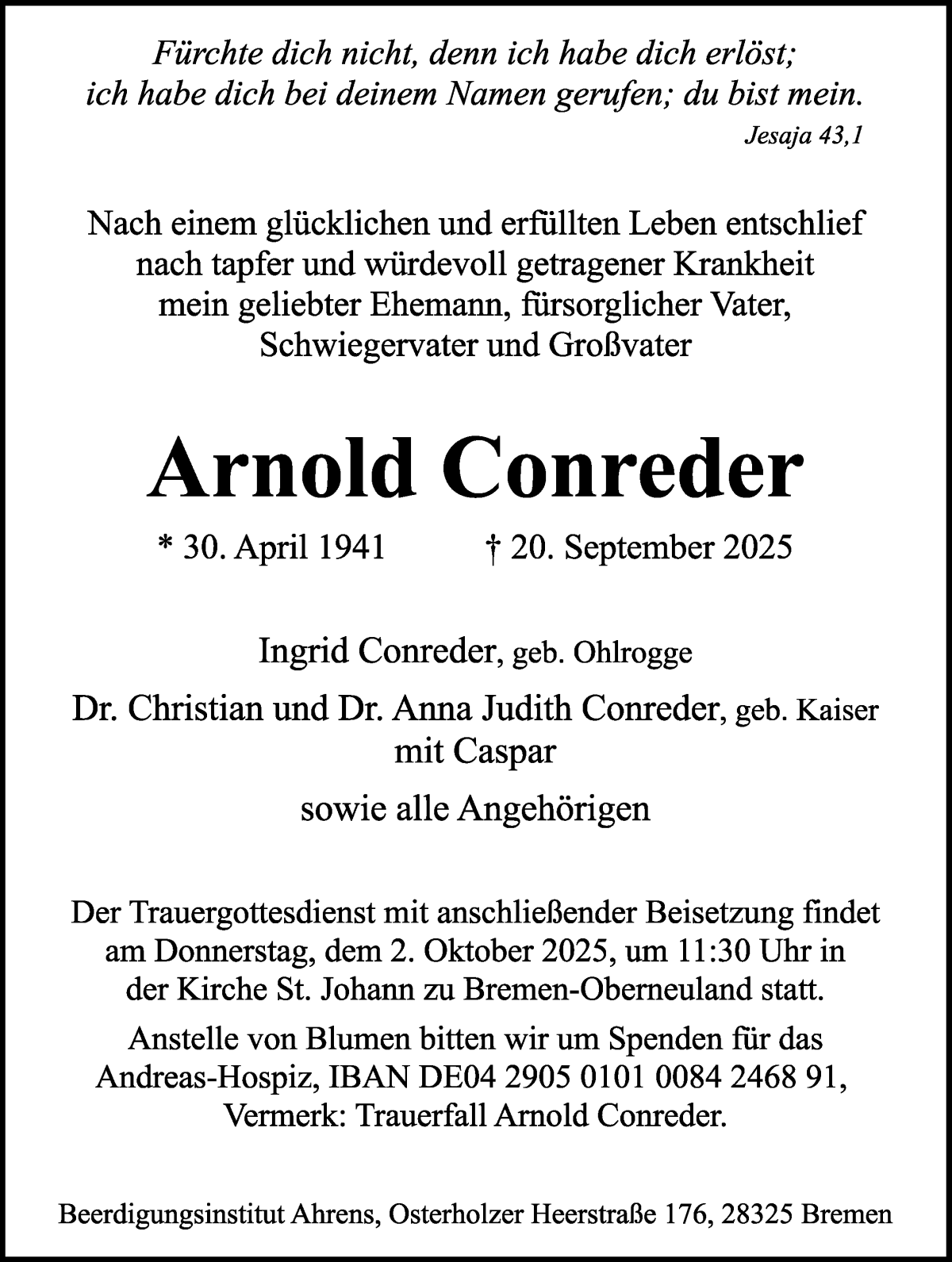 Traueranzeige von Arnold Conreder von WESER-KURIER