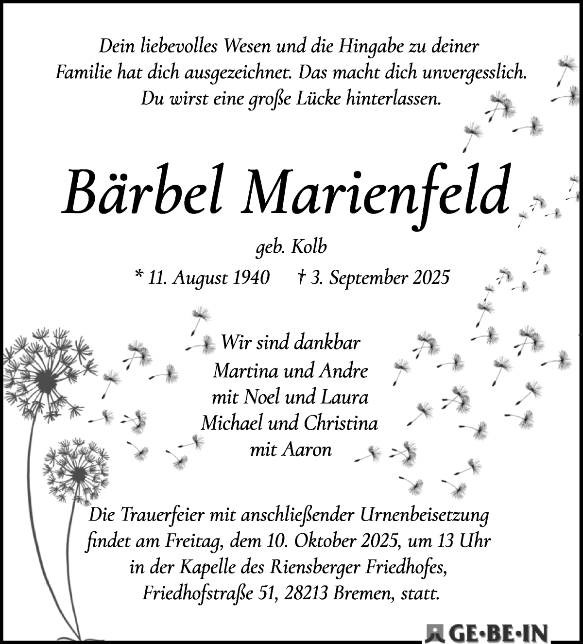 Traueranzeige von Bärbel Marienfeld von WESER-KURIER