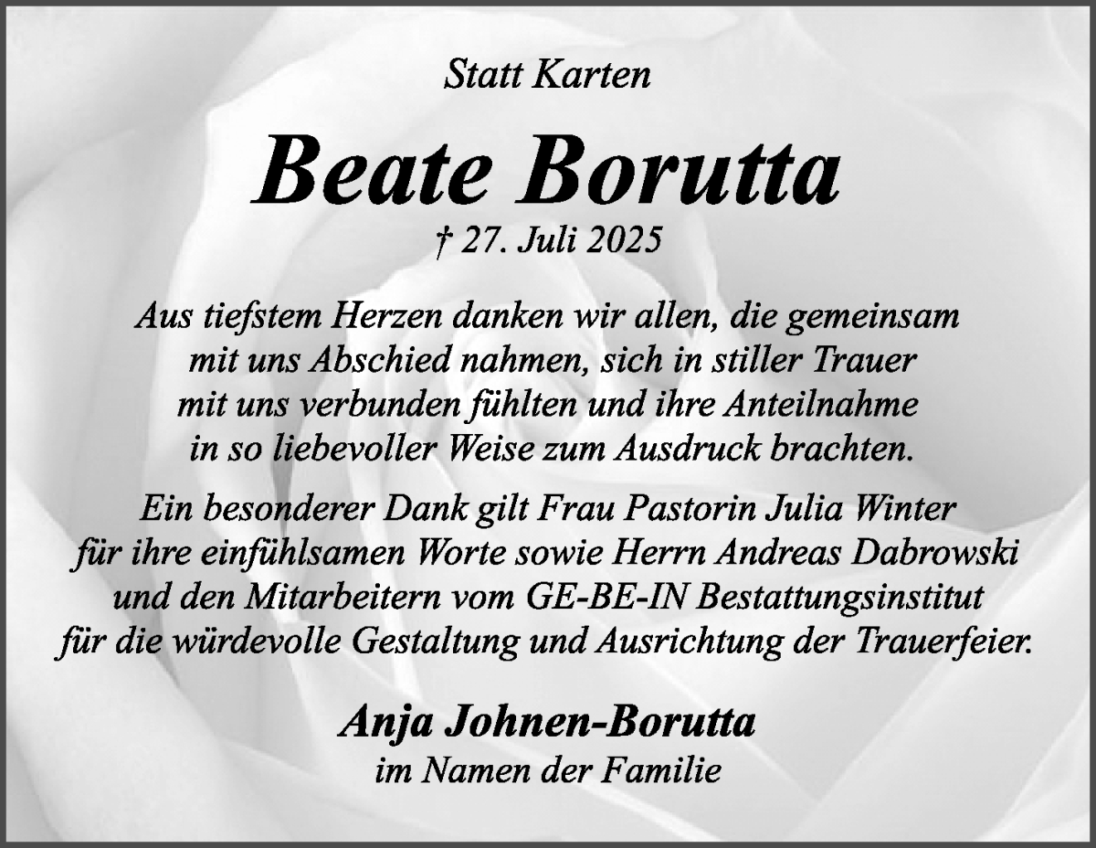 Traueranzeige von Beate Borutta von WESER-KURIER