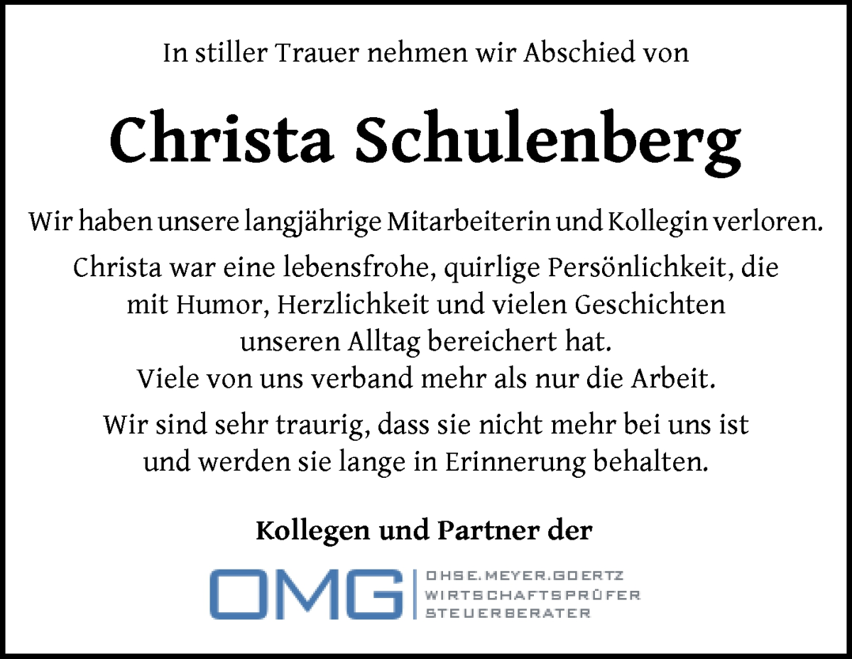 Traueranzeige von Christa Schulenberg von WESER-KURIER