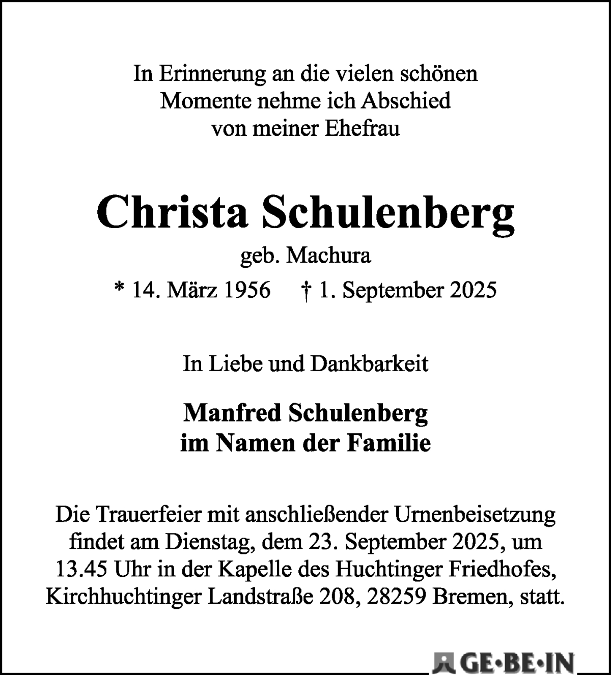 Traueranzeige von Christa Schulenberg von WESER-KURIER