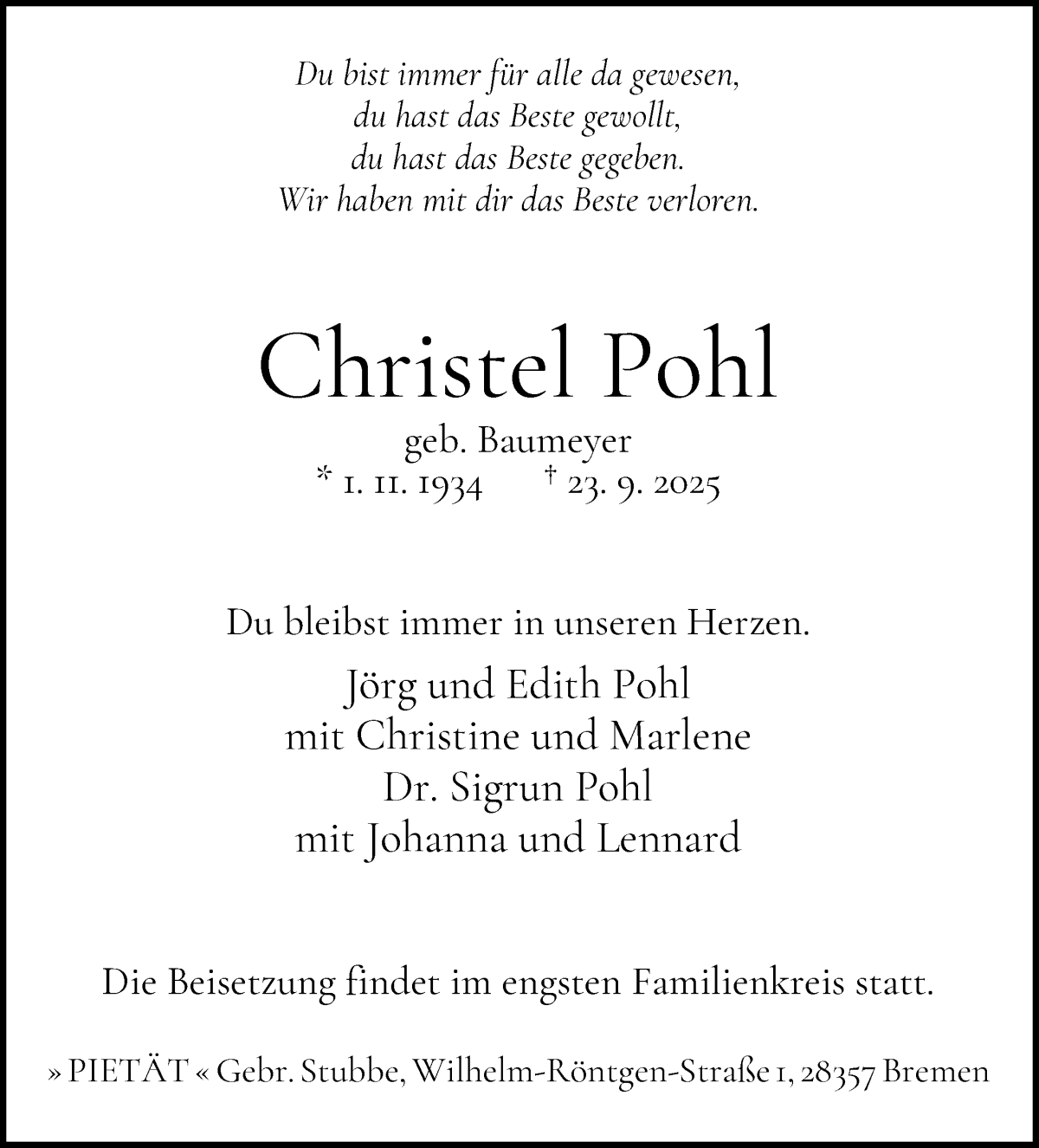 Traueranzeige von Christel Pohl von WESER-KURIER