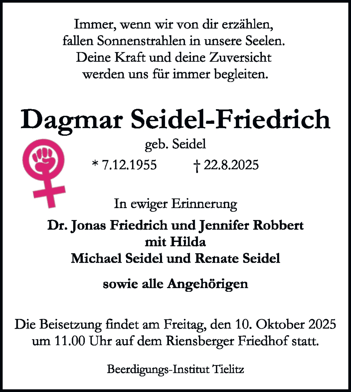 Traueranzeige von Dagmar Seidel-Friedrich von WESER-KURIER